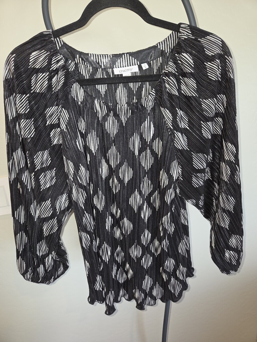 Chico's Black and White Vertical Stripe Pleated Top